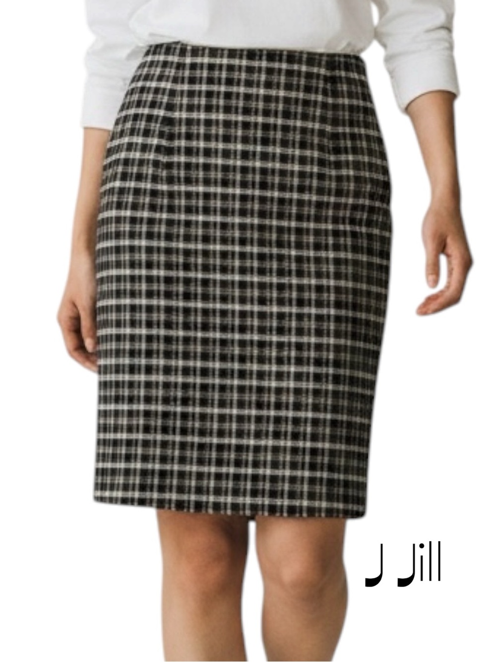 J Jill Black Tan White Plaid Pencil Skirt NWOT Size S Academia Career Office